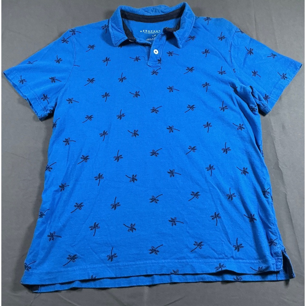 Aeropostale Mens Blue Palm Tree Print Short Sleeve Cotton Polo Shirt Large